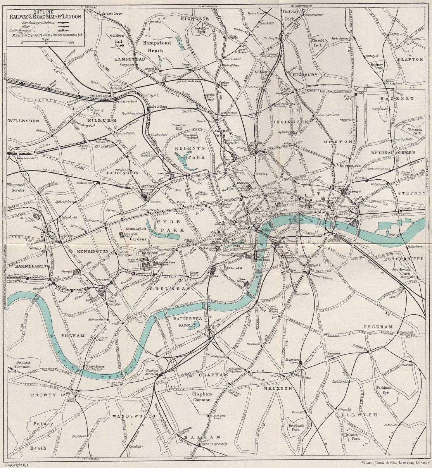 CENTRAL LONDON RAILWAY & ROAD MAP. Underground tube. WARD LOCK 1951 old
